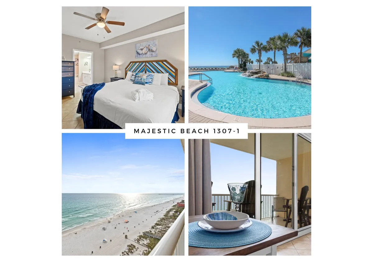 The image showcases a serene bedroom with a colorful headboard opening onto a balcony with a cozy dining setup, offering sweeping views of the Gulf and overlooking a sparkling swimming pool below. The tranquil blue waters of the ocean are framed beyond the pool, while the scene invites relaxation and the enjoyment of both indoor comfort and outdoor amenities.