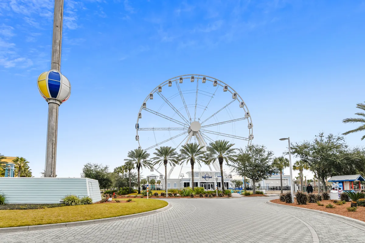 The image showcases the iconic SkyWheel Ferris wheel surrounded by palm trees and a landscaped walkway. The view is lively and colorful, suggesting opportunities for fun, excitement, and panoramic coastal views in a bustling entertainment district.